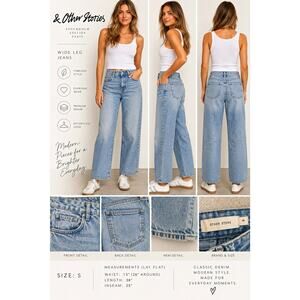 Other Stories Women's Wide-Leg Jeans Light Wash Blue Denim Zip 5-Pocket Logo S